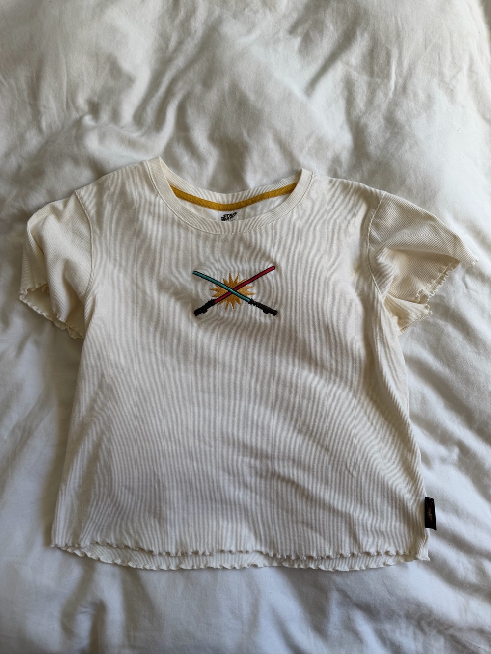 Cream Short Sleeve Tee with Crossed Lightsaber Embroidery